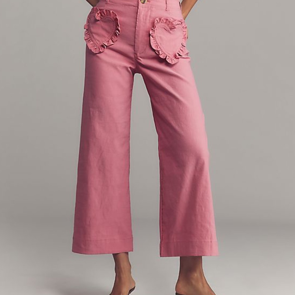 NWT Anthropologie The Colette Heart Pocket Crop Wide-Leg Pants Pink